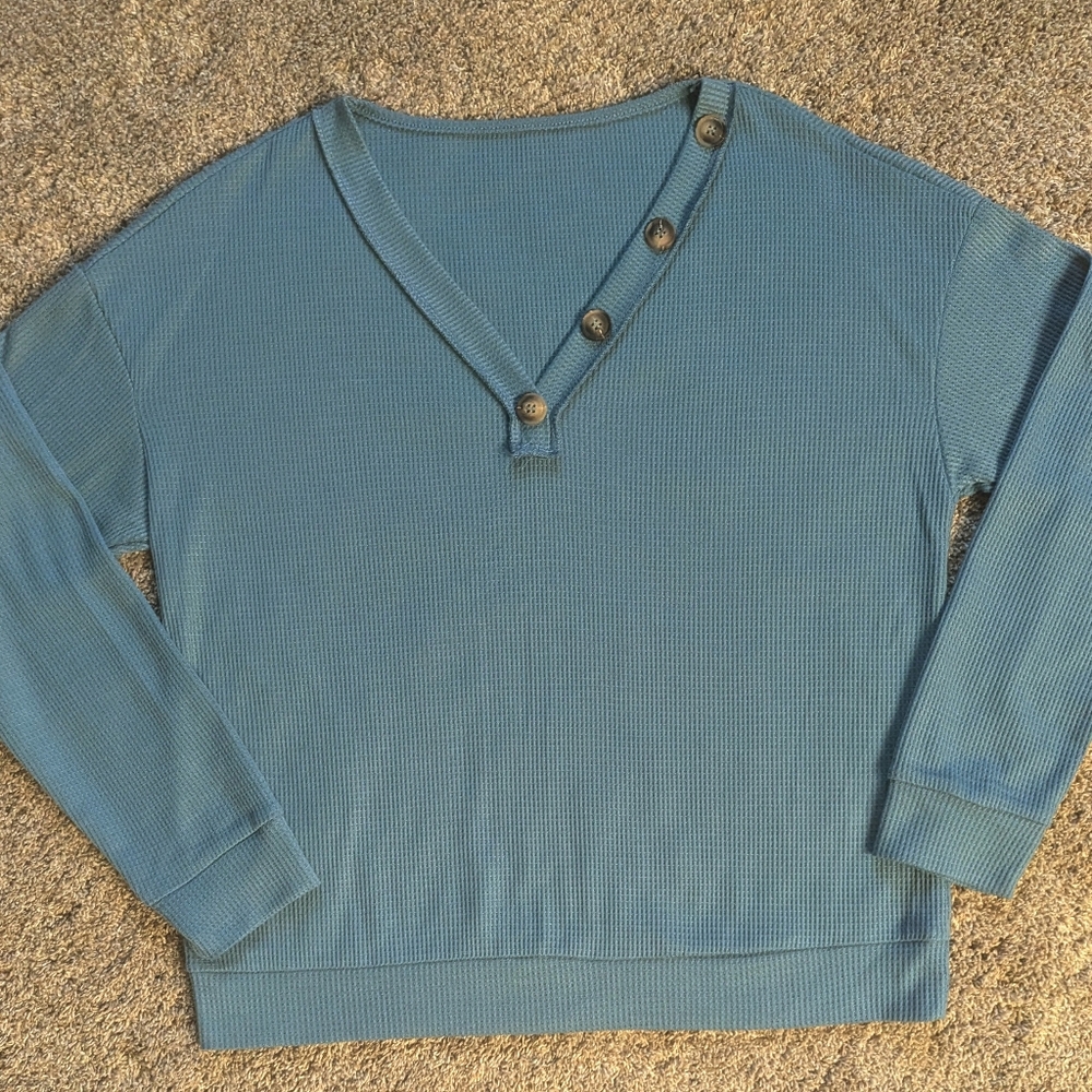 SHEIN Women's Dark Teal V Neck Shirt With Button Details. Size Medium/ 6